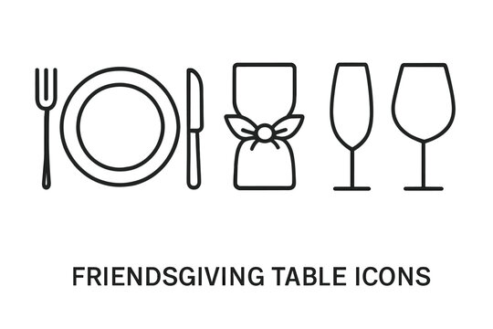 Friendsgiving table icons. Outline icon set for holiday dinner party or Thanksgiving meal. Vector graphic of table setting with dinner plate, fork, knife, napkin, and wine glass.