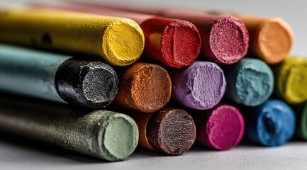 Close-up of colorful crayons stacked