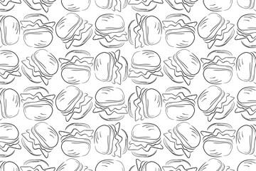 Black and white burger sketch seamless pattern.