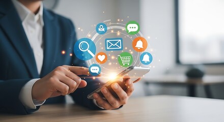 A businessman uses a smartphone with digital marketing icons, representing online business communication, social media networking, and internet technology for successful customer service and content p