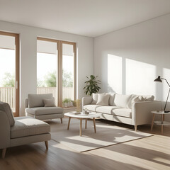 Fototapeta premium Bright Minimalist Living Room with Scandinavian Style Furniture and Natural Light