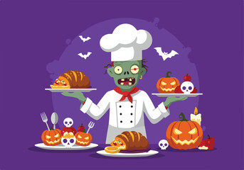 Naklejka premium A Spooktacular Halloween Feast Zombie Chef Serves Up Deliciously Eerie Treats for a Ghoulish Gathering with Pumpkins and Spooky Decor