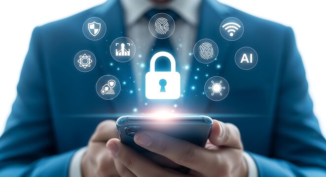 A businessman is holding a smartphone with a padlock icon and security symbols, representing cybersecurity, data protection, and privacy for online and digital information technology