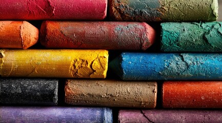 Close-up view of stacked colored crayons