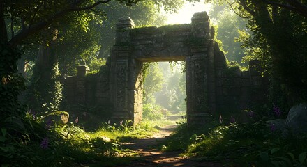 An ancient stone archway stands in a lush, verdant forest bathed in soft sunlight, evoking mystery and history.