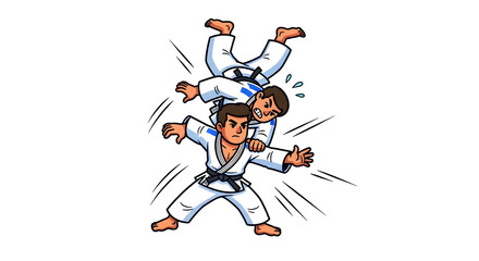 Fototapeta premium Judo Combat Two Fighters in Action, Performing a Throw, Artistic Depiction