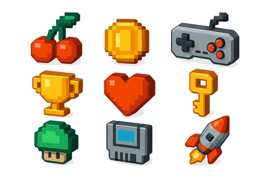 Retro gaming pixel art icons set. 3D video game symbols for arcade 8 bit games. Includes heart, coin, key, trophy, rocket, and controller. Vector assets for game design.