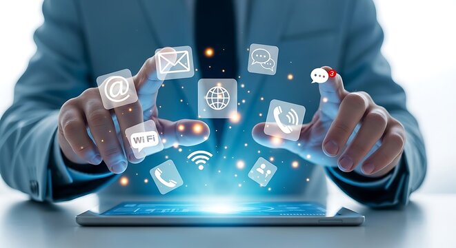 A person using a tablet with various digital icons floating above it, representing business communication, social media, and online marketing in the modern world
