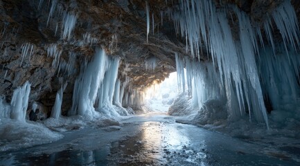 Ice cave interior, sunlight streams in