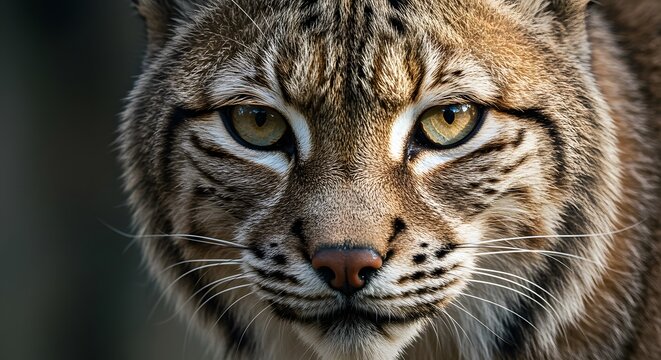 Close-up of a wildcat with patterned fur, intense gaze, and long whiskers gazing directly at the camera.