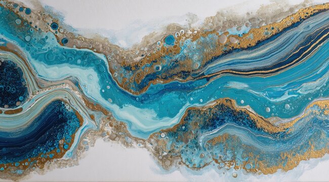 Abstract fluid art.  Whimsical, flowing patterns of turquoise, teal, and navy blue paint, contrasted with hints of pale aqua and gold flecks.  A marbled effect creates a sense of depth and movement