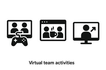 Virtual team activities icon set. Remote work team building concepts. Online gaming, virtual coffee break, screen sharing, web conference. Solid glyph vector illustration.