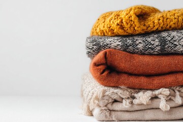 Stacked autumnal clothing and blankets