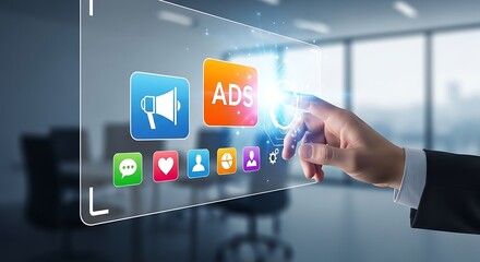 Hand interacting with a digital interface displaying ads and social media icons, representing digital marketing and online advertising strategies in a modern business environment