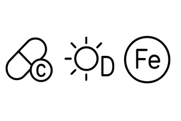 Vitamin and mineral outline icon set. Essential dietary supplements for health and wellness. Vitamin C pill, Vitamin D sun icon, and Iron Fe symbol. Vector line art illustration.
