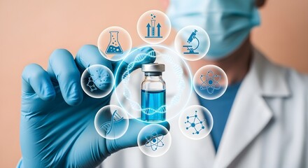 A doctor in a lab coat holds a vial, surrounded by scientific icons. Concepts include medicine, DNA, and laboratory research.