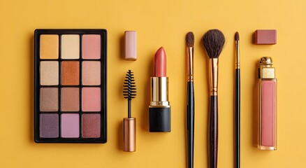 Flat lay of makeup products on a yellow background.  Palette, lipstick, mascara, brushes, and gloss