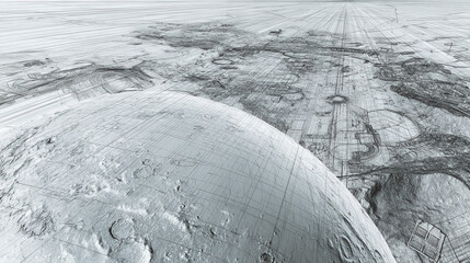 large scale 3D schematic overlay of moon base infrastructure on surface photo blueprint style fusion illustration concept scene visual for commercial design use high detail quality stock image