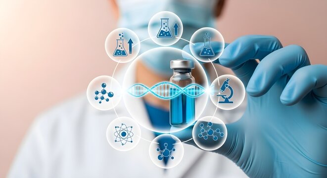 A scientist demonstrates medical innovation in a lab setting, showing a vaccine vial.