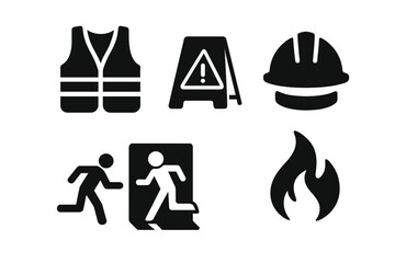 Warehouse safety icon set. Solid glyph icons for workplace safety. Vector illustration of safety vest, hard hat, caution sign, emergency exit, and fire hazard symbol.