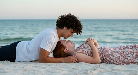 Fototapeta premium Couple shares a tender moment on a sandy beach, with gentle waves creating a serene backdrop.