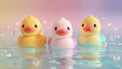 Three pastel rubber ducks float on a surface of water, surrounded by bubbles.  A vibrant, soft-toned background creates a dreamy, whimsical atmosphere