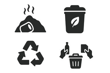 Waste management solid icon set. Garbage disposal and recycling symbols. Landfill, compost bin, recycle arrow sign, and waste sorting. Ecology and environment concept vector.