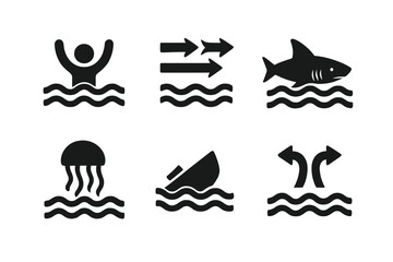 Water hazard icon set. Vector symbols for water safety warnings. Dangers of drowning, strong currents, shark attack, jellyfish sting, boat capsizing, and rip tide pictogram.
