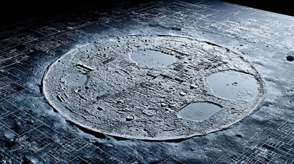 large scale 3D schematic overlay of moon base infrastructure on surface photo blueprint style fusion illustration concept scene visual for commercial design use high detail quality stock image