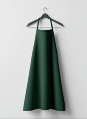 Dark green apron on hanger against white background