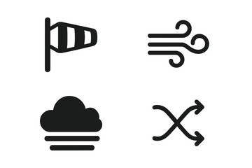 Weather icon set. Solid glyph pictograms of wind and air conditions. Includes windsock for direction, wind gust lines, foggy weather, cloud layer, and air turbulence symbol.