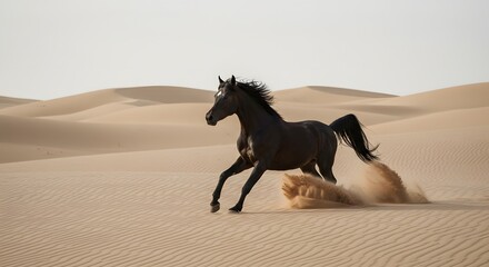 Black horse gallops across the arid landscape, sand kicking up with each powerful stride.