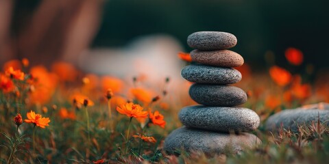 Stacked stones in a field of orange flowers.  A serene scene of balanced stones atop a grassy field with vibrant orange cosmos flowers