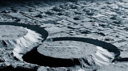 large scale 3D schematic overlay of moon base infrastructure on surface photo blueprint style fusion illustration concept scene visual for commercial design use high detail quality stock image