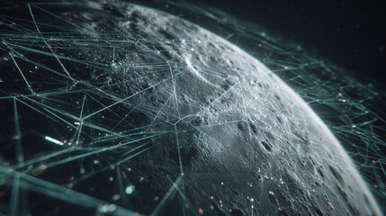 large scale 3D schematic overlay of moon base infrastructure on surface photo blueprint style fusion illustration concept scene visual for commercial design use high detail quality stock image