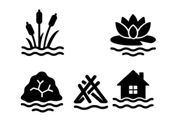 Wetland habitat icon set. Solid glyph pictograms of marsh reeds, water lily, mud patch, beaver dam, and flooded house. Concepts of nature, swamp, pond, flood disaster.