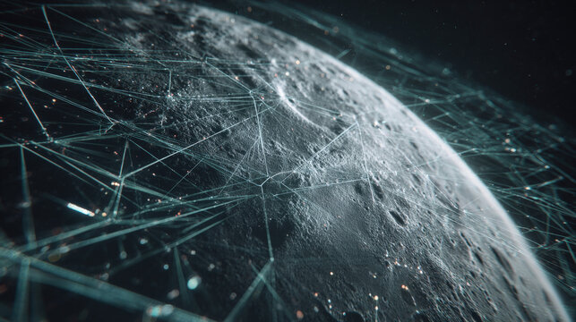 large scale 3D schematic overlay of moon base infrastructure on surface photo blueprint style fusion illustration concept scene visual for commercial design use high detail quality stock image