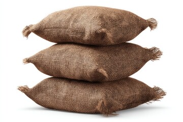 Three burlap sacks stacked vertically against a white background