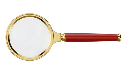 Magnifying glass gold and red handle for search investigation and detailed examination close up view tool 100mm on transparent background