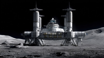 large scale 3D schematic overlay of moon base infrastructure on surface photo blueprint style fusion illustration concept scene visual for commercial design use high detail quality stock image