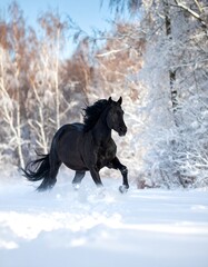 Obraz premium Black horse running in snowy forest