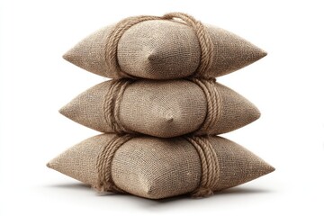 Three burlap sacks tied with rope, stacked vertically