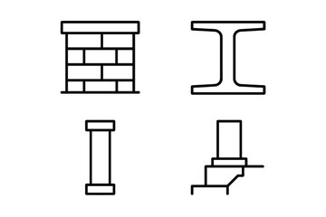Obraz premium Building construction and engineering line icon set. Vector symbols of structural elements like a brick load-bearing wall, steel I-beam, support column, and concrete foundation.
