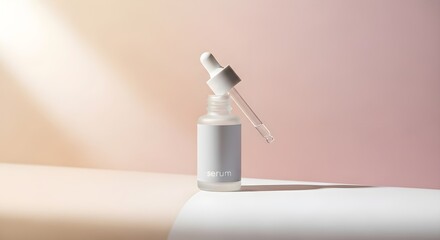 Serum bottle with dropper on a white surface with pink background and soft light.