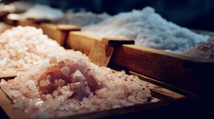 Wooden box filled with pink sea salt for spa beauty wellness lifestyle background