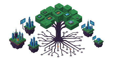 6G Global Network Technology Tree with Futuristic Smart City Ecosystem Vector Illustration