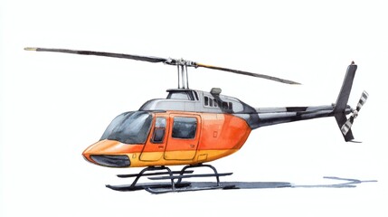 A detailed watercolor illustration of a helicopter with an orange and black color scheme, showcasing its rotors and body design