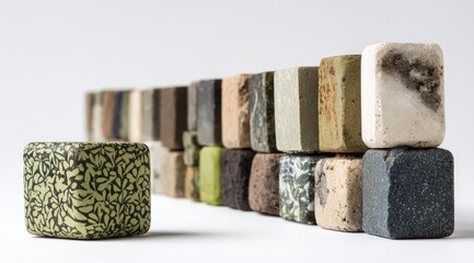 A single, patterned cube sits before a wall of various-colored, textured cubes