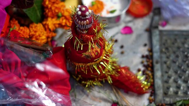 Decorated Sindoor Dani with Flowers and Sacred Thread in Hindu Ritual