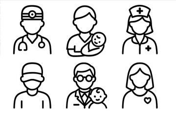 Delivery team line icons. Vector set of medical staff for childbirth. Obstetrician, midwife, nurse, pediatrician, anesthesiologist, doula. Maternity and newborn care symbols.